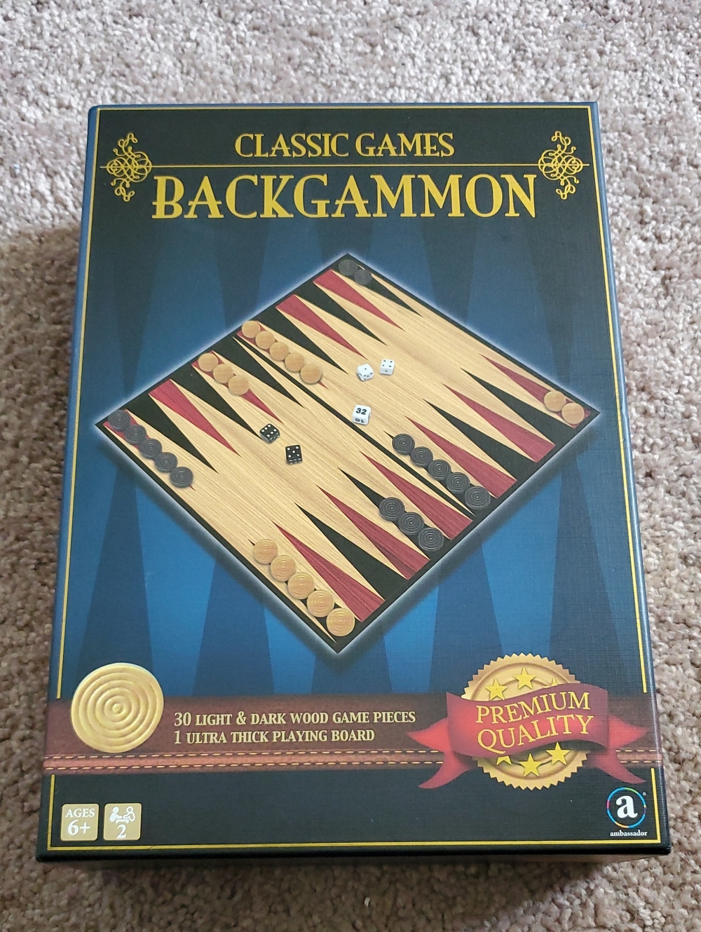Classic Backgammon Game - Blue and Gold Box